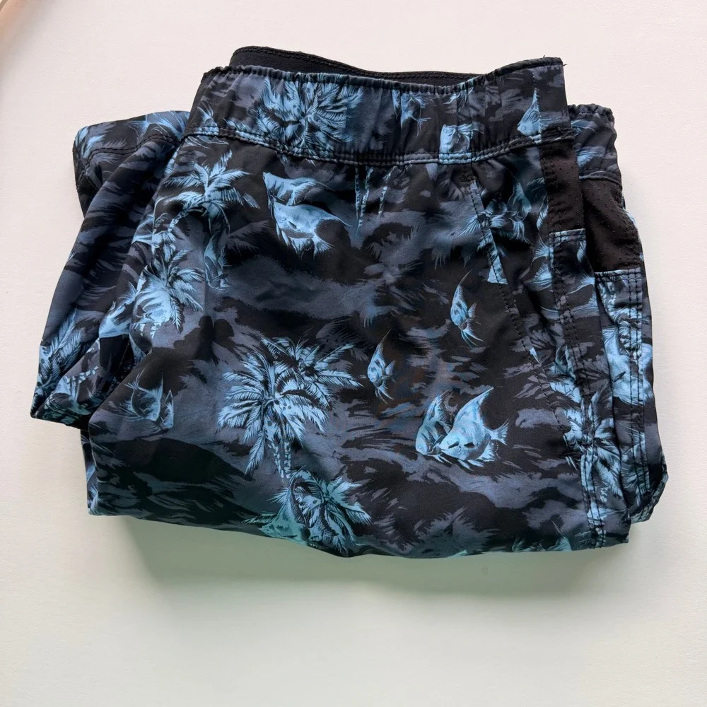 Speedo Mens Tropical Palm‎ Print Swim Trunks Large Blue Black Board Shorts Beach